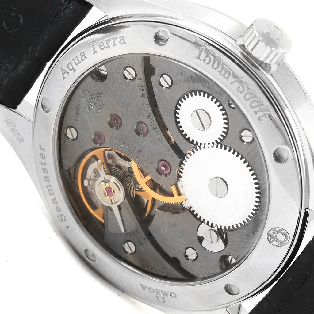 This image shows the back side of the Omega Aqua Terra 231.13.49.10.06.001 Men's Stainless Steel Grey Dial 231.13.49.10.06.001 Men's Stainless Steel Grey Dial watch, highlighting the movement and internal mechanisms.