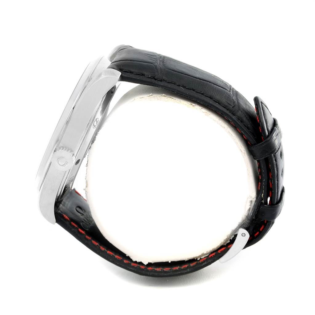 The image shows a side view of the Omega Aqua Terra 231.13.49.10.06.001 Men's Stainless Steel Grey Dial 231.13.49.10.06.001 Men's Stainless Steel Grey Dial watch, highlighting its case, crown, and black leather strap with red stitching.