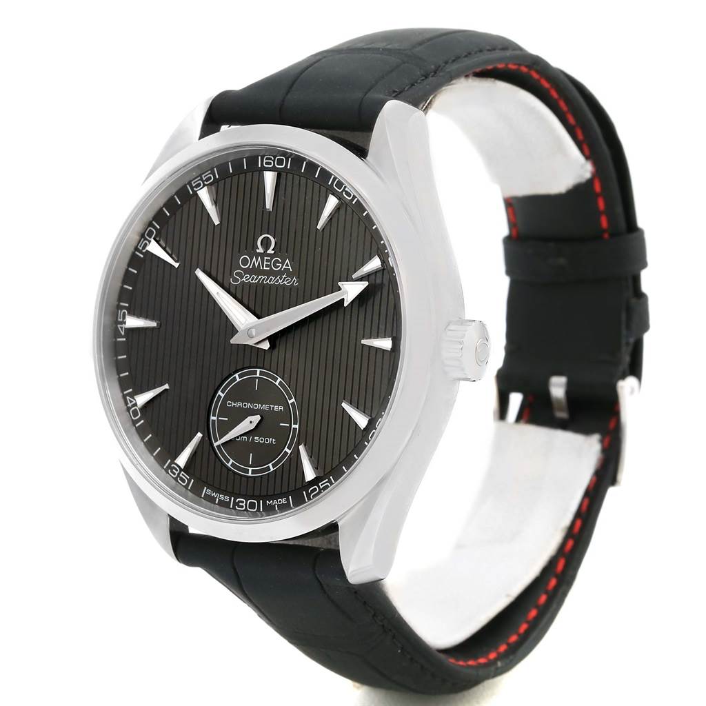 The Omega Aqua Terra 231.13.49.10.06.001 Men's Stainless Steel Grey Dial 231.13.49.10.06.001 Men's Stainless Steel Grey Dial watch is shown at an angled side view, highlighting the dial, case, and black strap with red stitching.