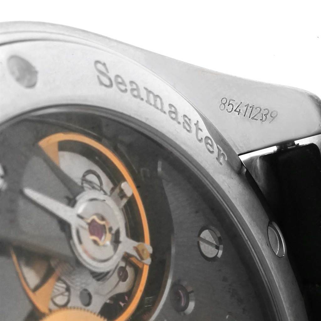 This image shows a close-up of the Omega Aqua Terra 231.13.49.10.06.001 Men's Stainless Steel Grey Dial 231.13.49.10.06.001 Men's Stainless Steel Grey Dial watch's movement through the caseback, highlighting the "Seamaster" engraving.