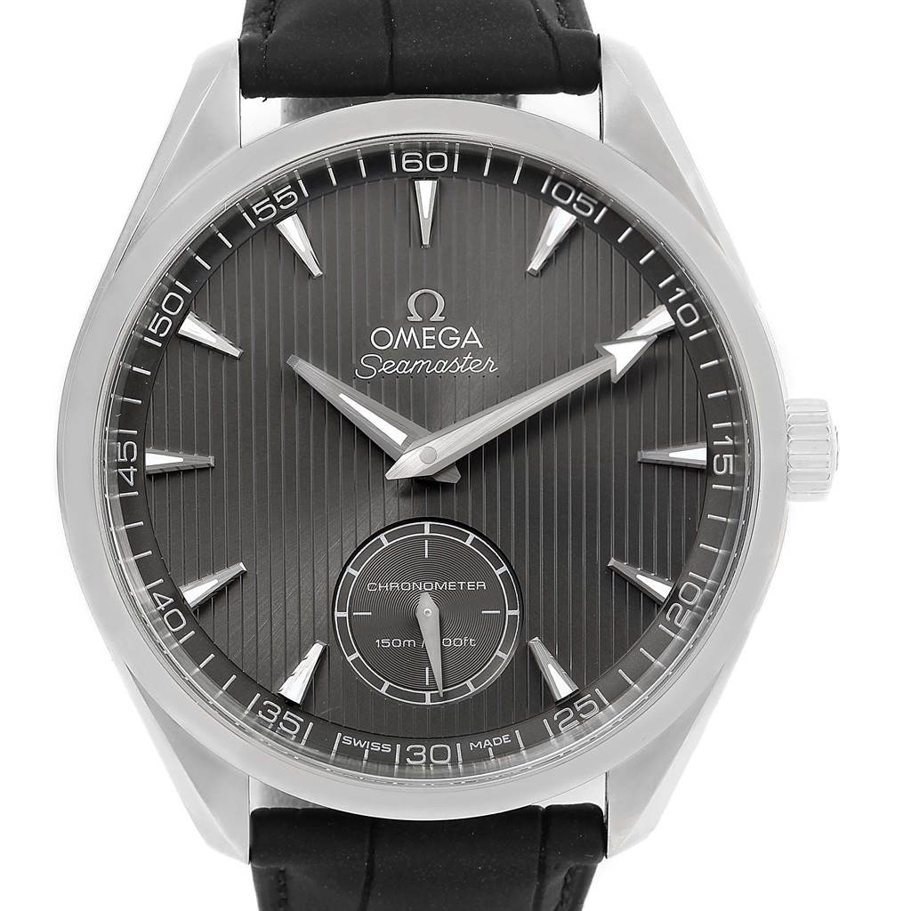 The image shows a front view of an Omega Seamaster Aqua Terra watch, highlighting the dial, hands, crown, and strap.