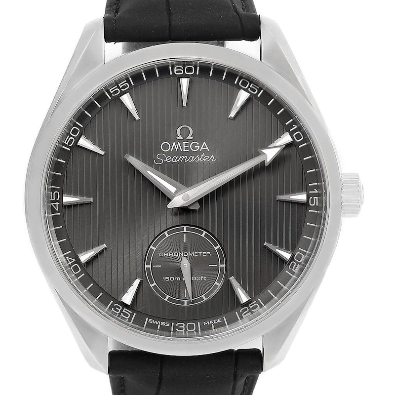 The image shows a front view of an Omega Seamaster Aqua Terra watch, highlighting the dial, hands, crown, and strap.