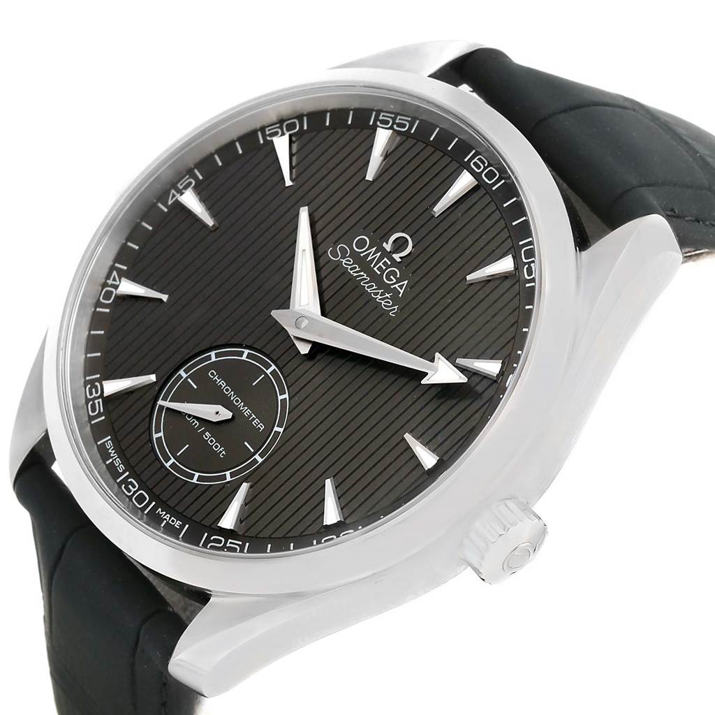 The Omega Aqua Terra 231.13.49.10.06.001 Men's Stainless Steel Grey Dial 231.13.49.10.06.001 Men's Stainless Steel Grey Dial watch is shown at a slight angle, highlighting its black dial, silver markers, and crown.