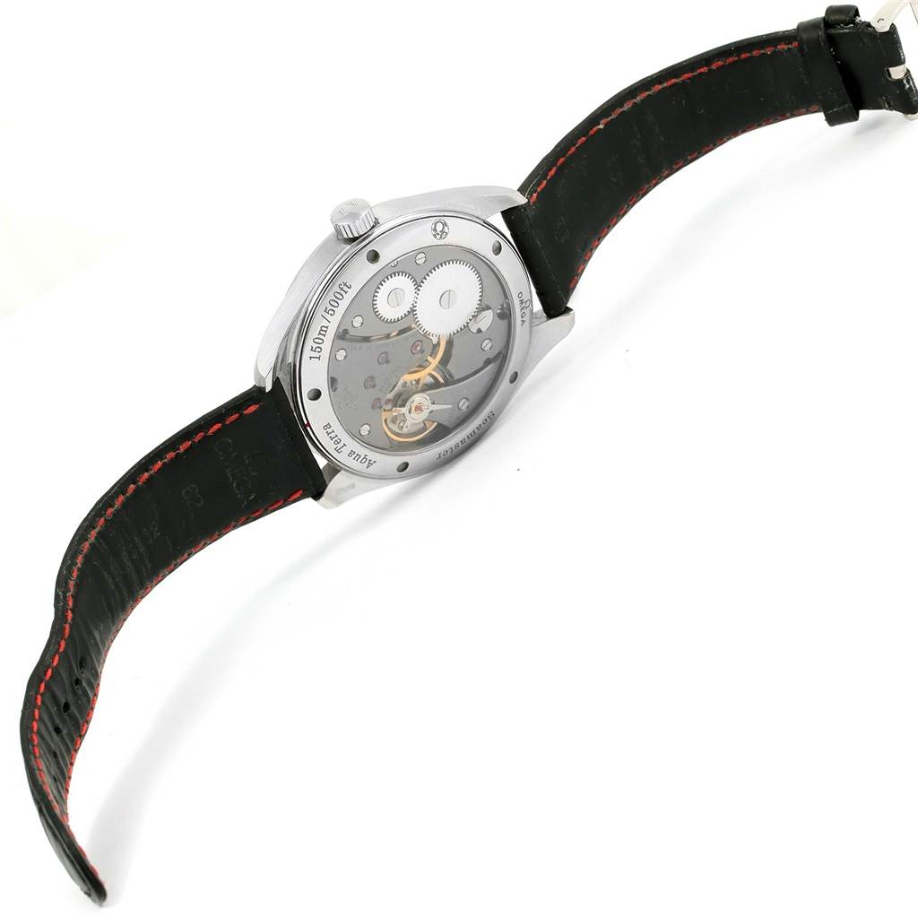 The image shows the back of an Omega Aqua Terra 231.13.49.10.06.001 Men's Stainless Steel Grey Dial 231.13.49.10.06.001 Men's Stainless Steel Grey Dial watch, highlighting its exposed movement and leather strap.