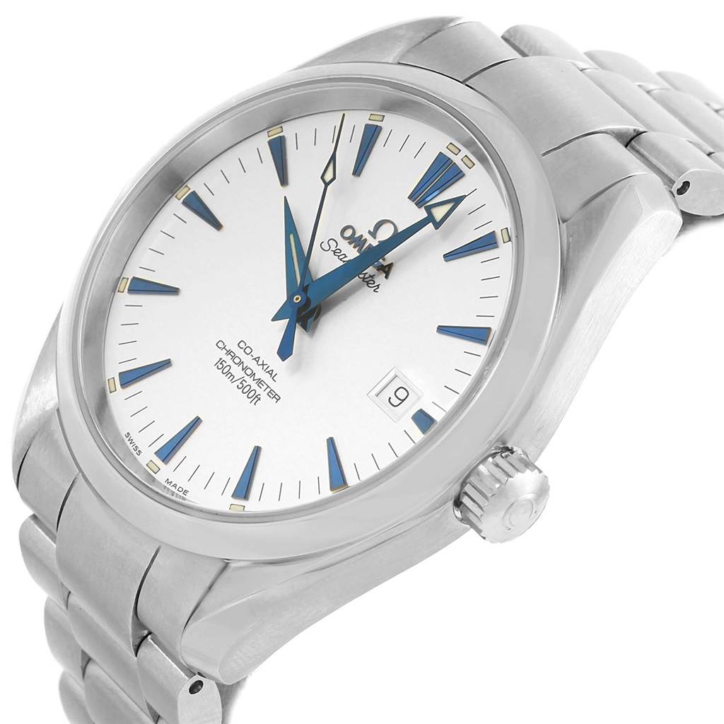 The Omega Aqua Terra 2503.33.00 Men
s Stainless Steel Silver Dial 2503.33.00 Men
s Stainless Steel Silver Dial watch is shown from a front angle, displaying the dial, hands, date window, and part of the bracelet.