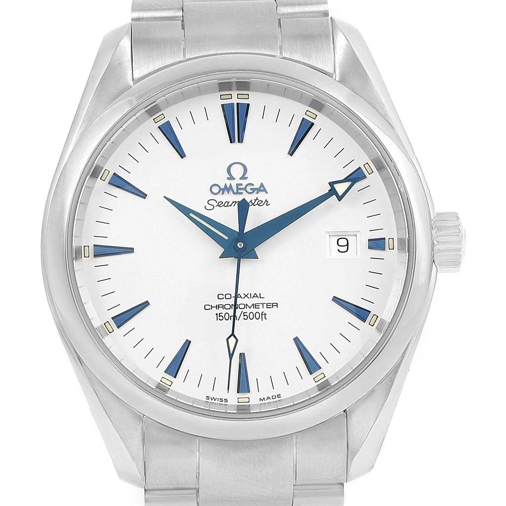 The image shows a front view of the Omega Aqua Terra 2503.33.00 Men
s Stainless Steel Silver Dial 2503.33.00 Men
s Stainless Steel Silver Dial watch, highlighting its white dial, blue hands and indices, and date window.