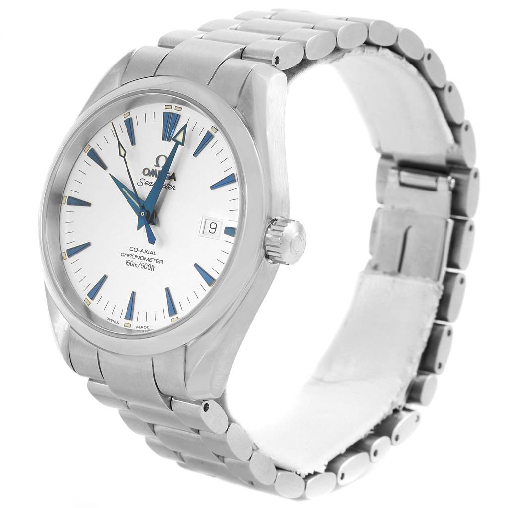 This image shows an Omega Aqua Terra 2503.33.00 Men
s Stainless Steel Silver Dial 2503.33.00 Men
s Stainless Steel Silver Dial watch at an angle highlighting the face, crown, and metal bracelet.