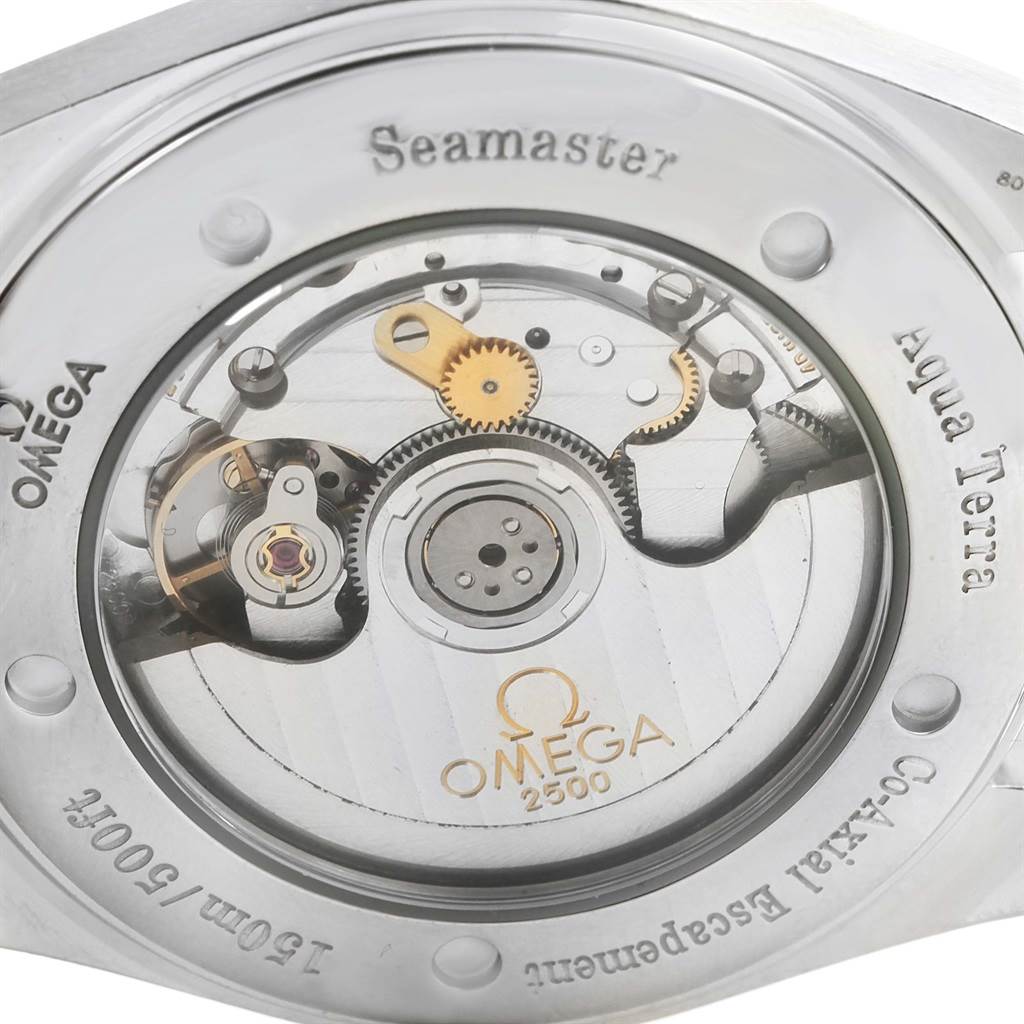 This image shows the back of the Omega Aqua Terra 2503.33.00 Men
s Stainless Steel Silver Dial 2503.33.00 Men
s Stainless Steel Silver Dial watch, highlighting its inner mechanical parts and the "Seamaster" marking.