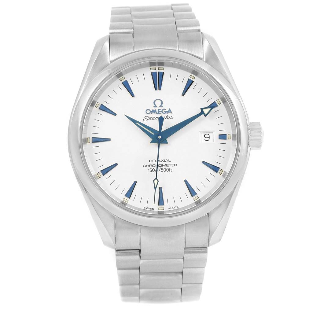 The image shows a front view of the Omega Aqua Terra 2503.33.00 Men
s Stainless Steel Silver Dial 2503.33.00 Men
s Stainless Steel Silver Dial watch, displaying its white dial, blue hands, metal bracelet, and date window.