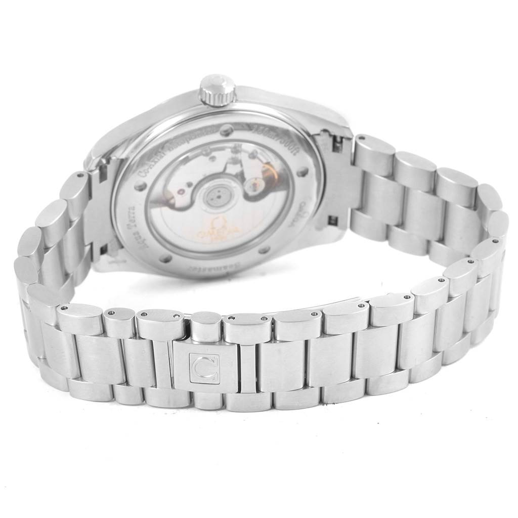 The image shows the back view of the Omega Aqua Terra 2503.33.00 Men
s Stainless Steel Silver Dial 2503.33.00 Men
s Stainless Steel Silver Dial watch, highlighting the case back and stainless steel bracelet.