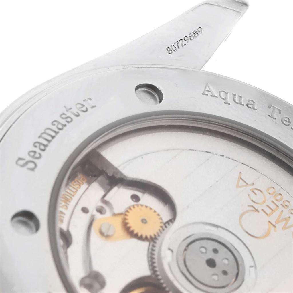 Close-up of the Omega Aqua Terra 2503.33.00 Men
s Stainless Steel Silver Dial 2503.33.00 Men
s Stainless Steel Silver Dial watch
s movement, showcasing the gears and branding on the case back.