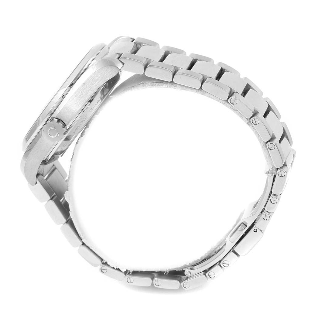 The Omega Aqua Terra 231.10.42.21.03.004 Men's Stainless Steel Blue Dial 231.10.42.21.03.004 Men's Stainless Steel Blue Dial watch is shown from a side profile, highlighting the stainless steel case and bracelet.