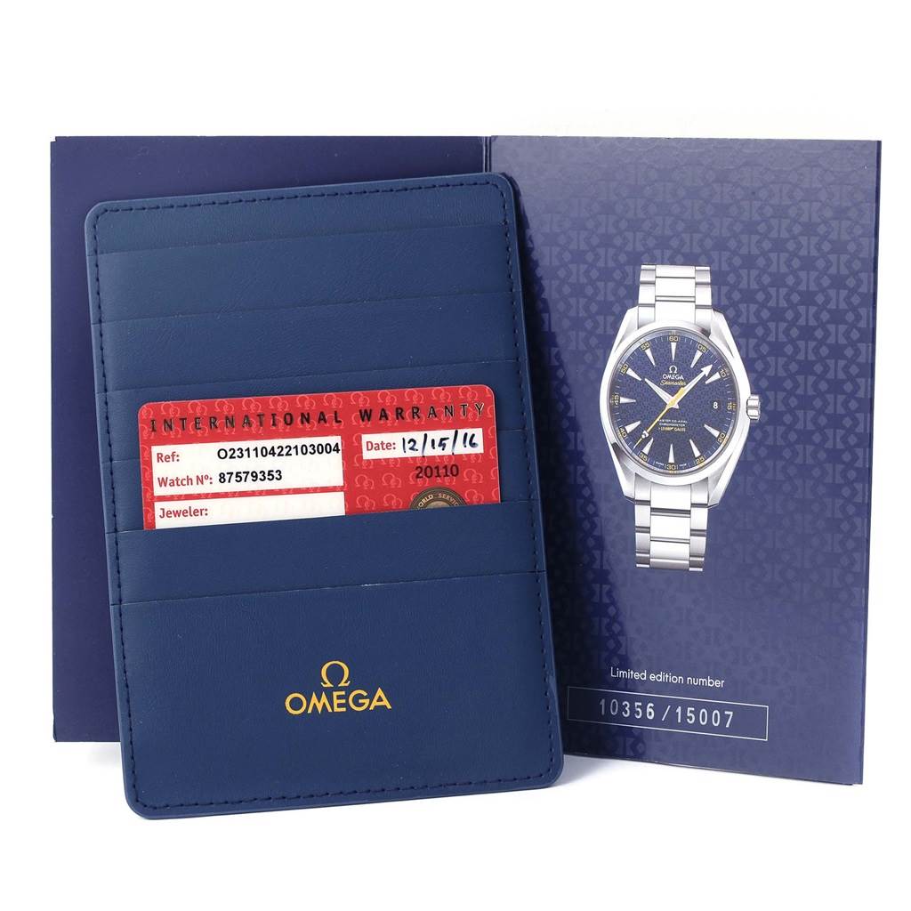 The image shows warranty cards and documentation for the Omega Aqua Terra 231.10.42.21.03.004 Men's Stainless Steel Blue Dial 231.10.42.21.03.004 Men's Stainless Steel Blue Dial model watch along with its packaging.