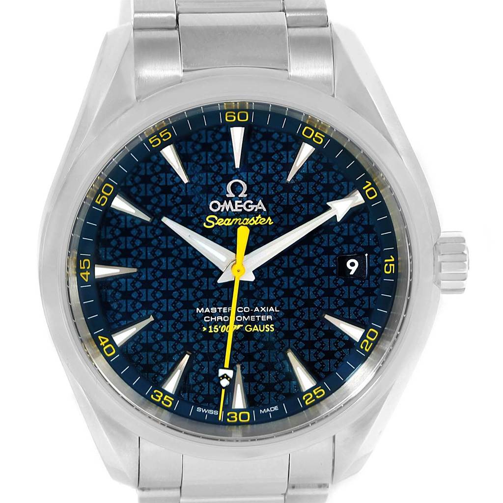 The image shows a front view of the Omega Aqua Terra 231.10.42.21.03.004 Men's Stainless Steel Blue Dial 231.10.42.21.03.004 Men's Stainless Steel Blue Dial Seamaster watch, highlighting its face, dial, and bracelet.