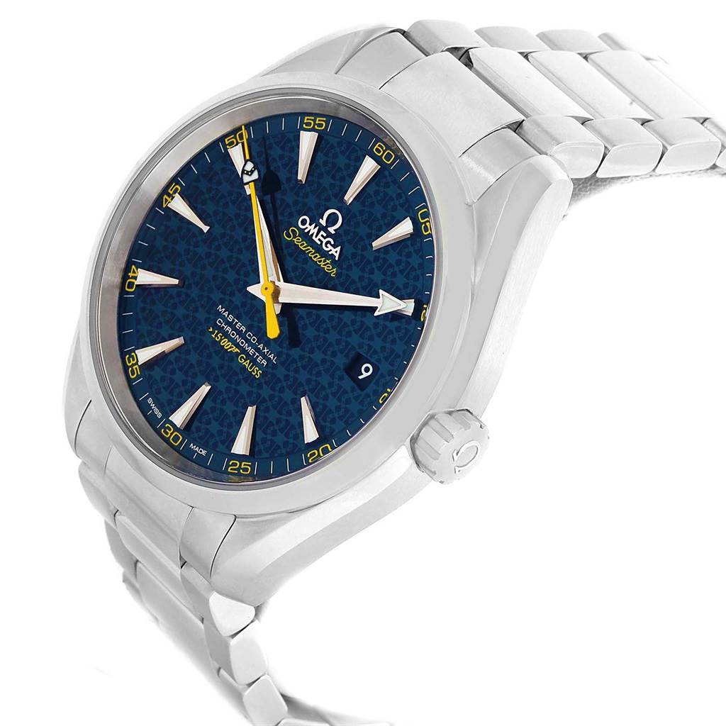 The image shows an angled view of the Omega Aqua Terra 231.10.42.21.03.004 Men's Stainless Steel Blue Dial 231.10.42.21.03.004 Men's Stainless Steel Blue Dial watch, highlighting the face, crown, and part of the metal bracelet.