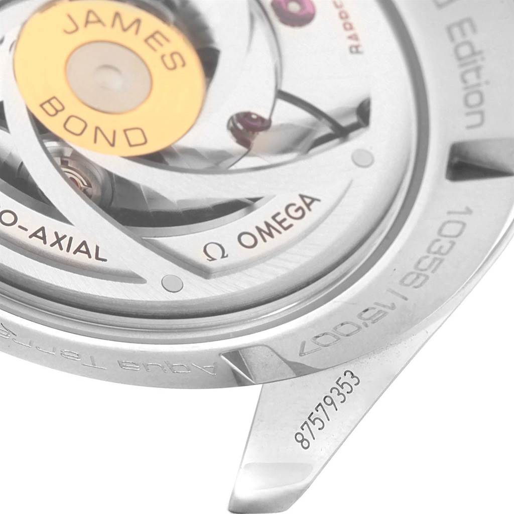 This image shows the back view of an Omega Aqua Terra 231.10.42.21.03.004 Men's Stainless Steel Blue Dial 231.10.42.21.03.004 Men's Stainless Steel Blue Dial watch, highlighting the movement and engraved details.