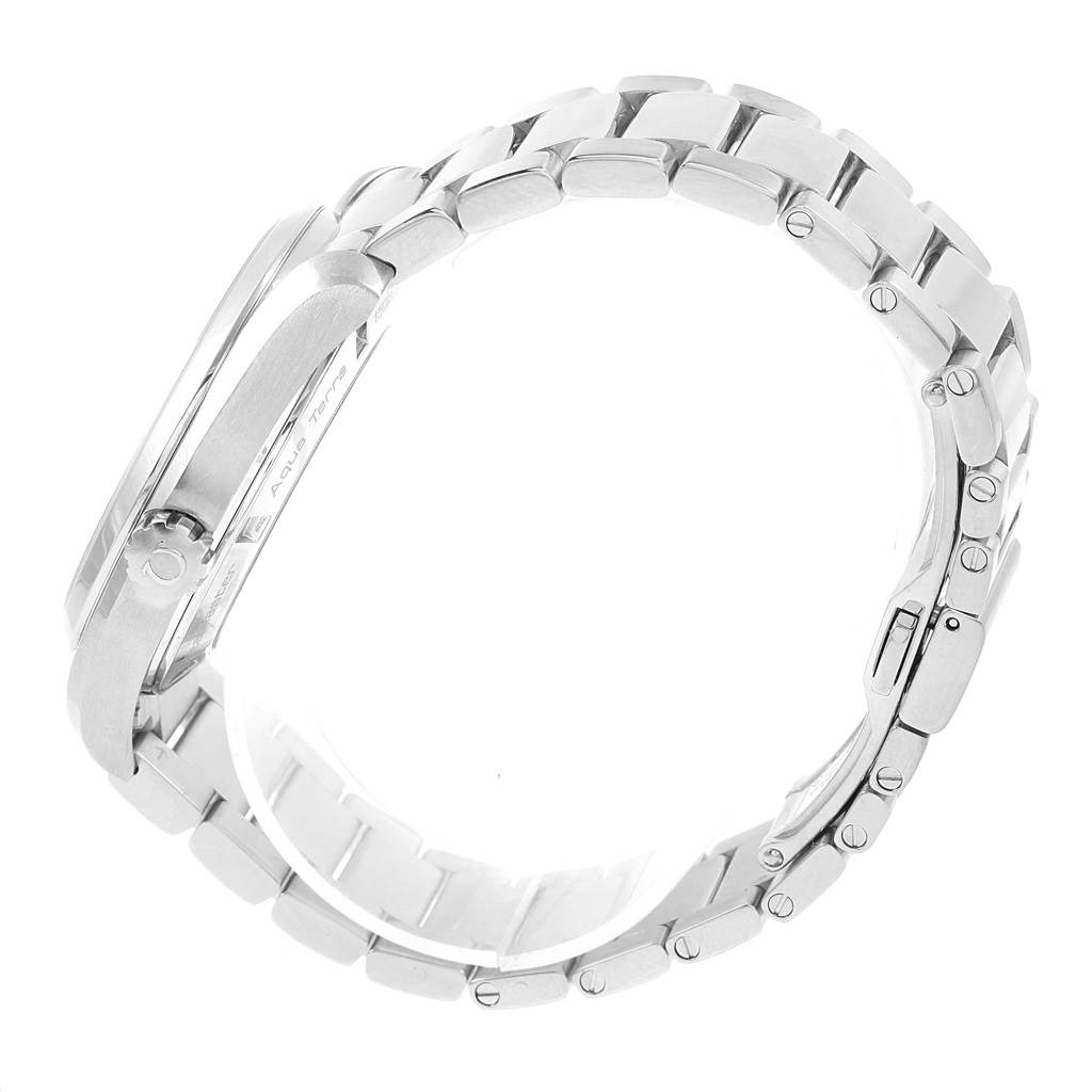 The image shows a side view of the Omega Aqua Terra 231.10.42.21.02.002 Men
s Stainless Steel Silver Dial 231.10.42.21.02.002 Men
s Stainless Steel Silver Dial watch, highlighting the bracelet and the case with the crown.