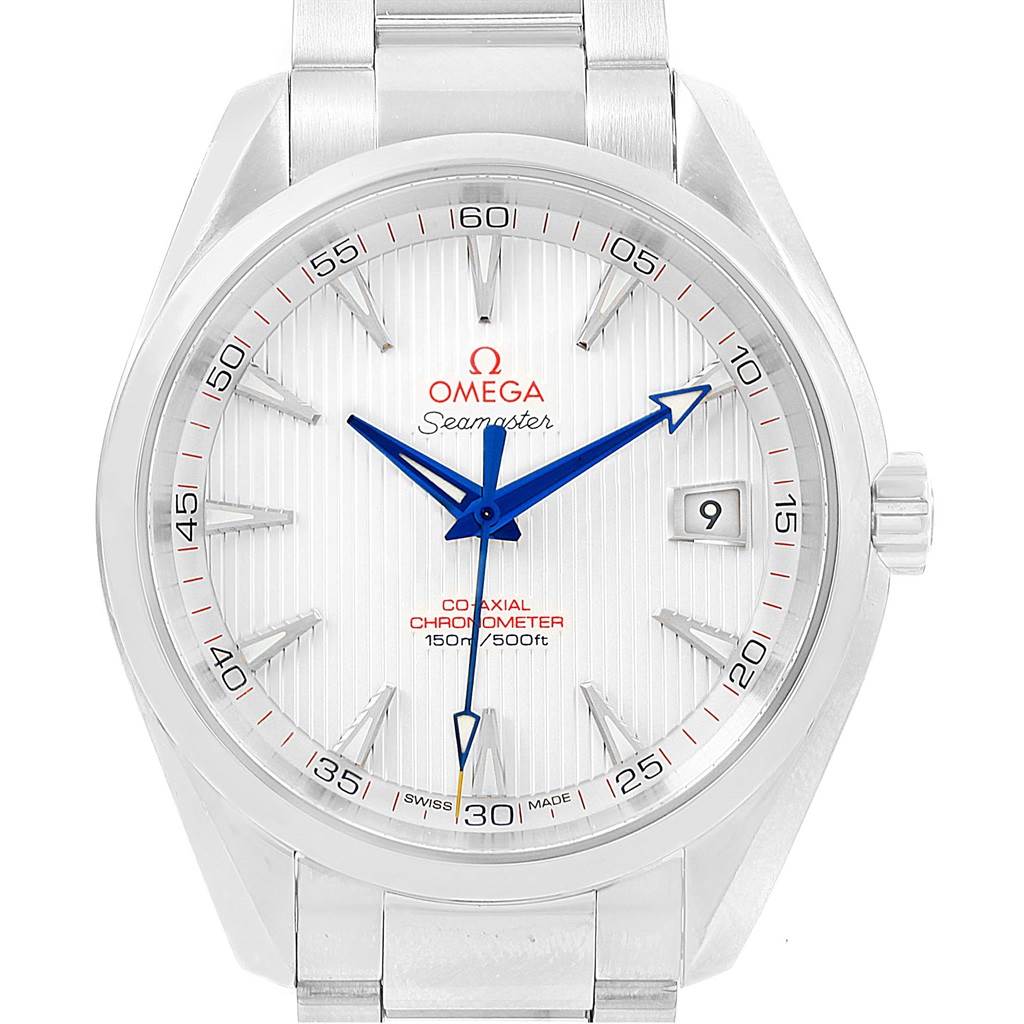 This image shows the front face of an Omega Seamaster Aqua Terra watch with a silver-tone dial, blue hands, date display, and stainless steel bracelet.