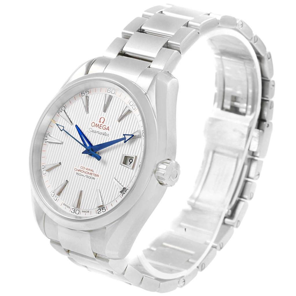 This image shows an Omega Aqua Terra 231.10.42.21.02.002 Men
s Stainless Steel Silver Dial 231.10.42.21.02.002 Men
s Stainless Steel Silver Dial model watch at an angle, showcasing the face, bezel, case, and bracelet.