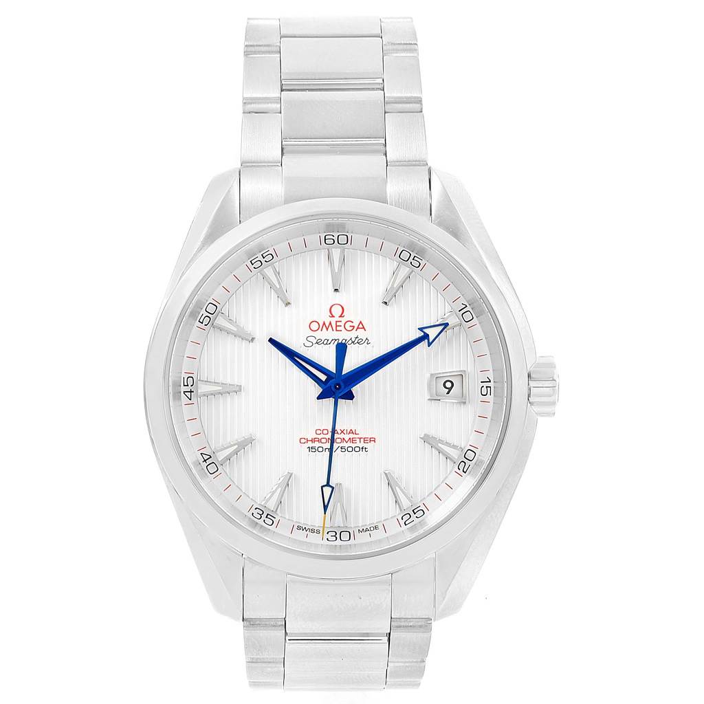 The image shows a front view of an Omega Aqua Terra 231.10.42.21.02.002 Men
s Stainless Steel Silver Dial 231.10.42.21.02.002 Men
s Stainless Steel Silver Dial watch, including its face, bezel, and metal bracelet.