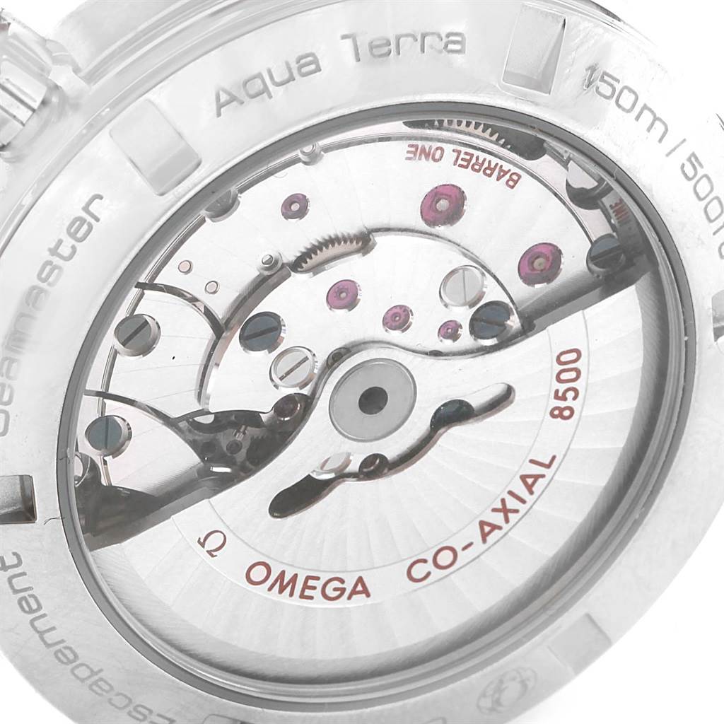This image shows the back view of the Omega Aqua Terra 231.10.42.21.02.002 Men
s Stainless Steel Silver Dial 231.10.42.21.02.002 Men
s Stainless Steel Silver Dial watch, highlighting its Co-Axial 8500 movement.