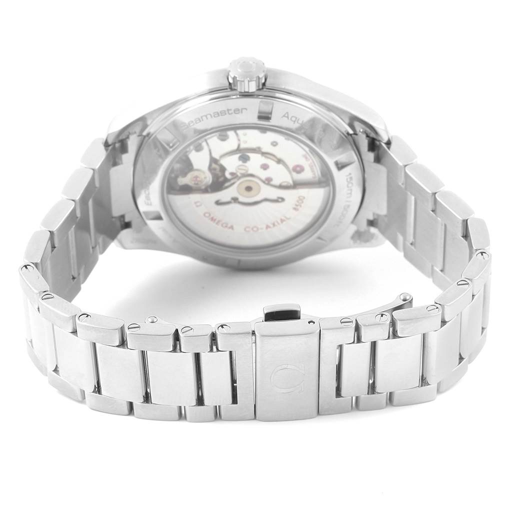 The image shows the back view of an Omega Aqua Terra 231.10.42.21.02.002 Men
s Stainless Steel Silver Dial 231.10.42.21.02.002 Men
s Stainless Steel Silver Dial watch, highlighting its case back and bracelet.