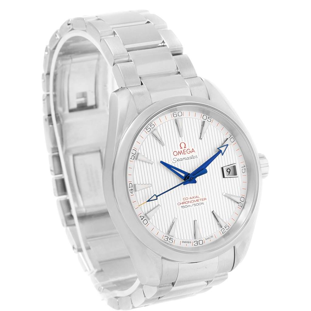 This image shows the front and right side of the Omega Aqua Terra 231.10.42.21.02.002 Men
s Stainless Steel Silver Dial 231.10.42.21.02.002 Men
s Stainless Steel Silver Dial watch, highlighting its face and metal bracelet.