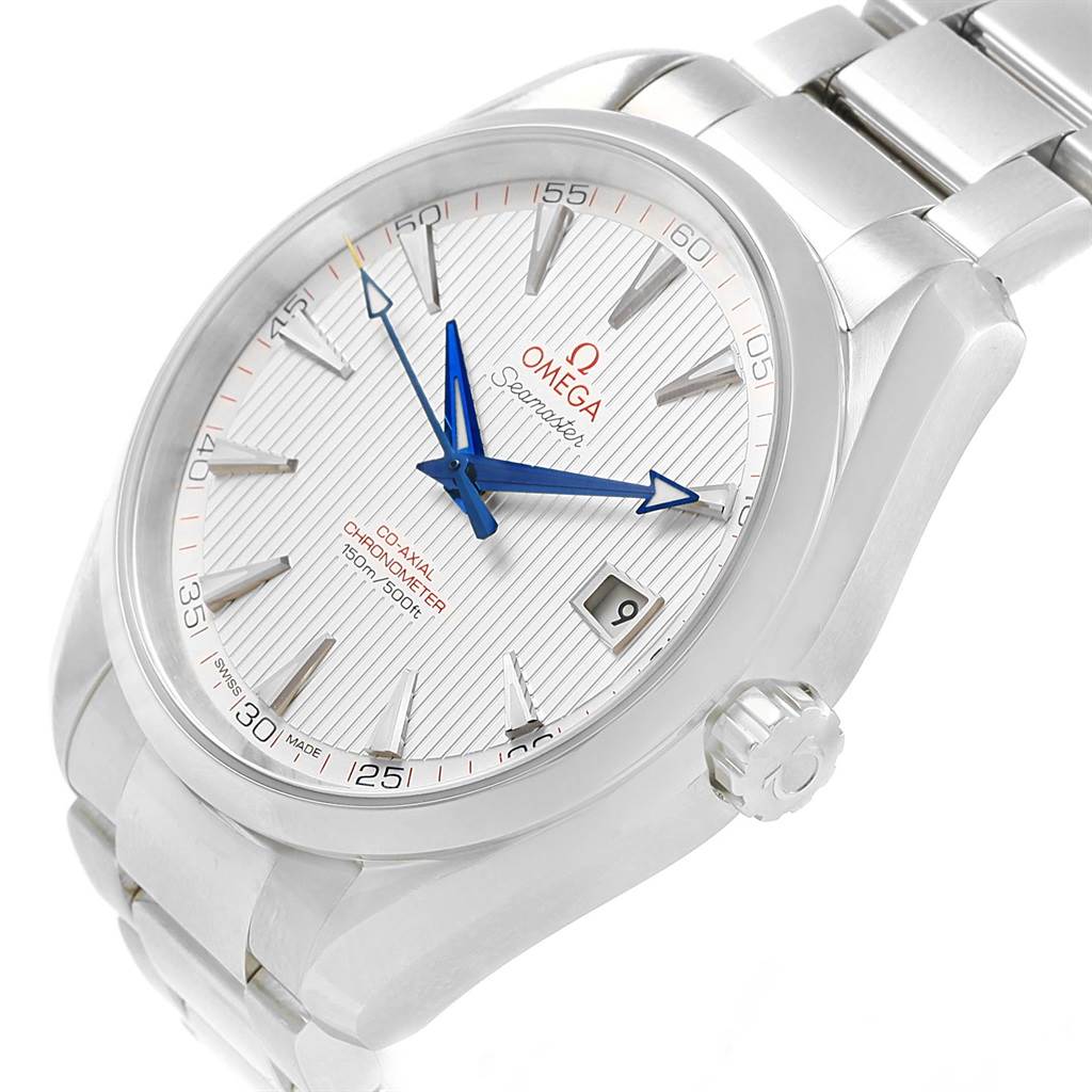 The Omega Aqua Terra 231.10.42.21.02.002 Men
s Stainless Steel Silver Dial 231.10.42.21.02.002 Men
s Stainless Steel Silver Dial watch is shown at a slight angle, highlighting the face, dial, bezel, crown, and bracelet.