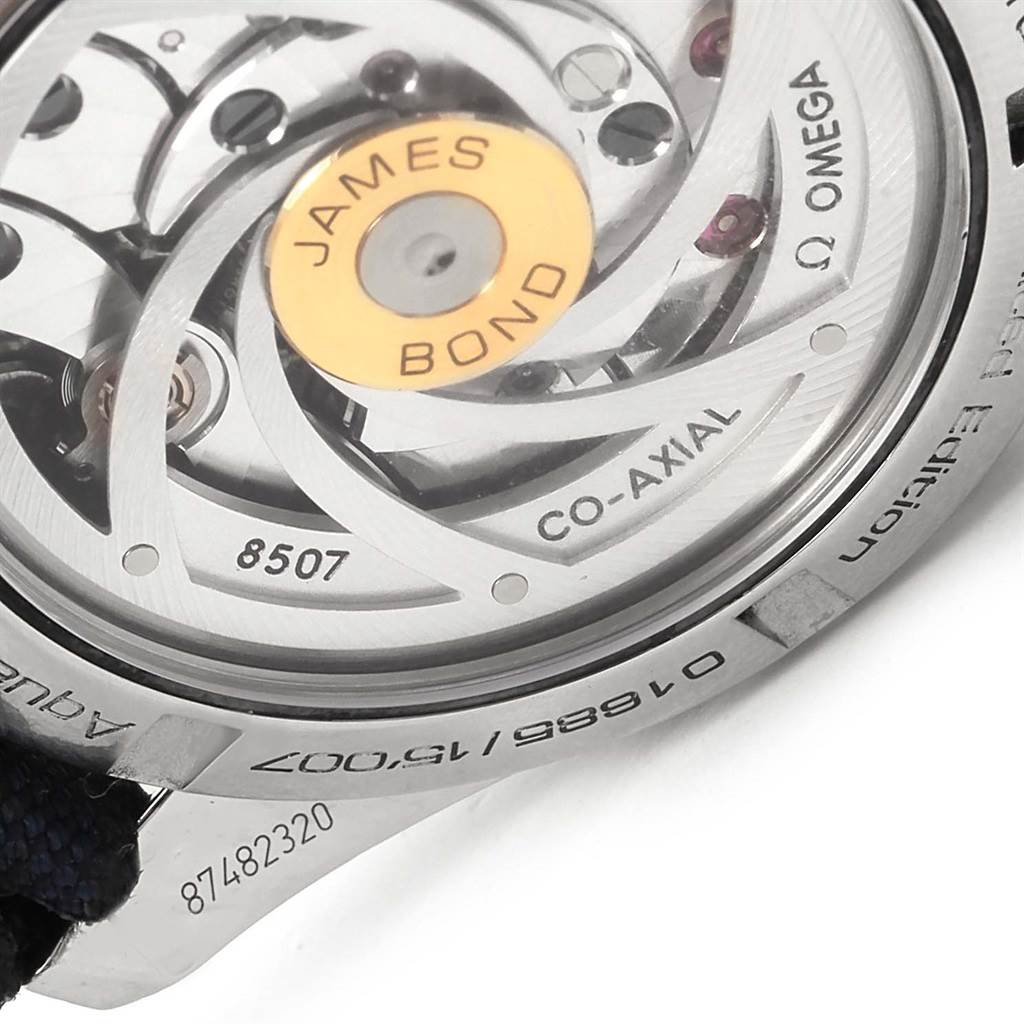 The image shows the back of the Omega Aqua Terra 231.10.42.21.03.004 Men's Stainless Steel Blue Dial 231.10.42.21.03.004 Men's Stainless Steel Blue Dial watch, highlighting the intricate movement and "James Bond" engraving.