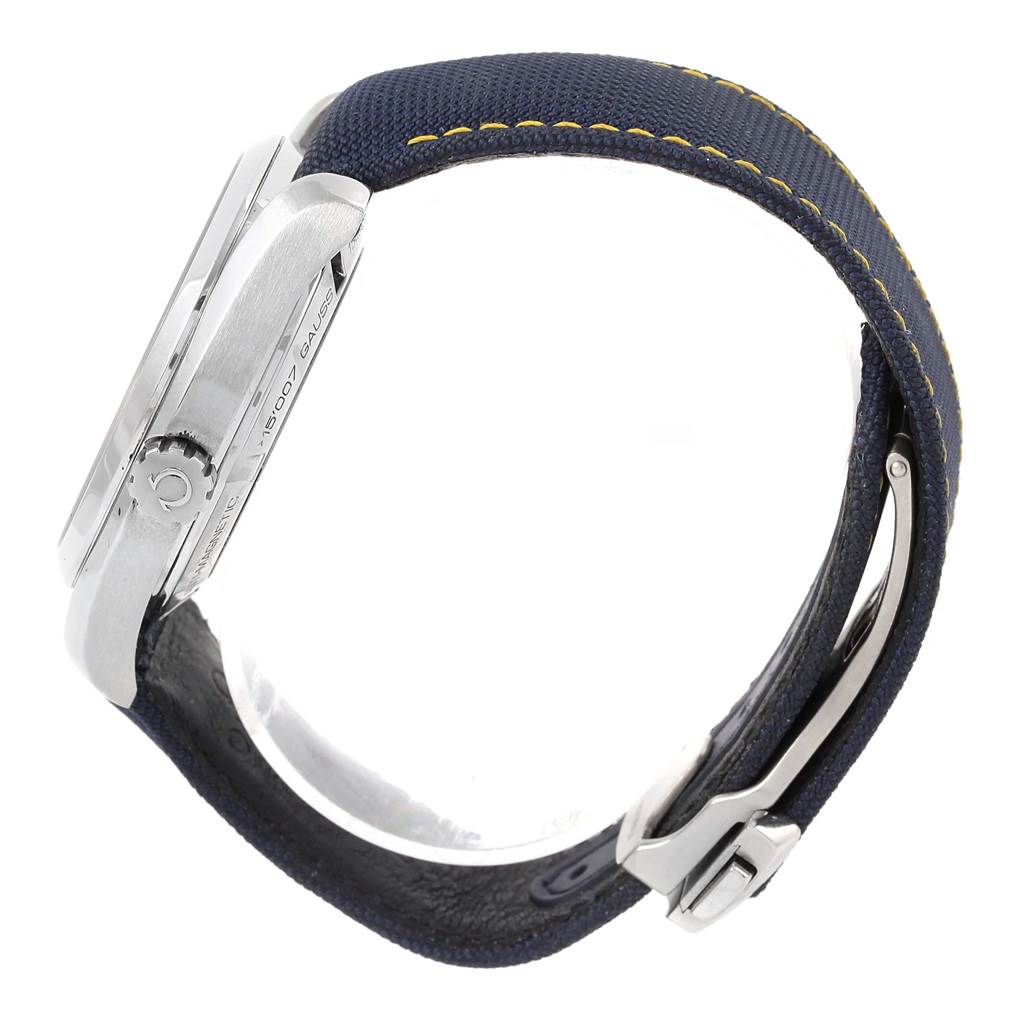 The image shows a side view of an Omega Aqua Terra 231.10.42.21.03.004 Men's Stainless Steel Blue Dial 231.10.42.21.03.004 Men's Stainless Steel Blue Dial watch, highlighting the crown, case, and strap with visible stitching.