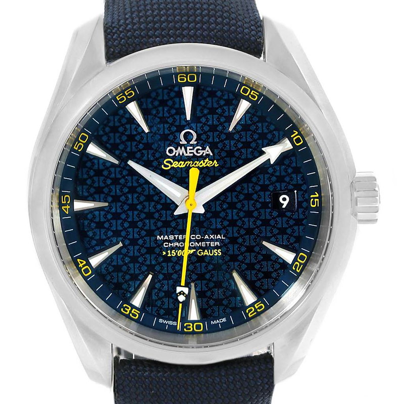 This image shows a front view of the Omega Aqua Terra watch, highlighting its face, bezel, and crown.