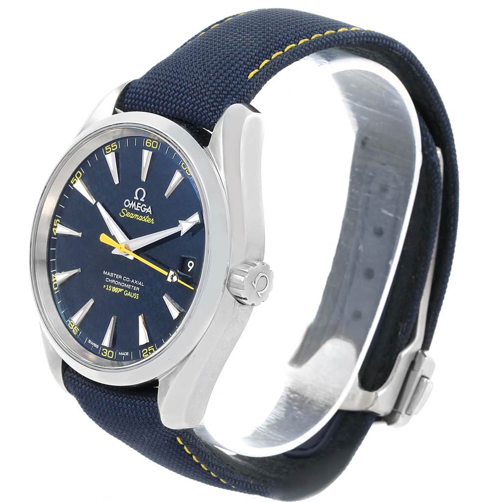 The Omega Aqua Terra 231.10.42.21.03.004 Men's Stainless Steel Blue Dial 231.10.42.21.03.004 Men's Stainless Steel Blue Dial watch is shown from a three-quarter angle, displaying its face, bezel, strap, and crown.