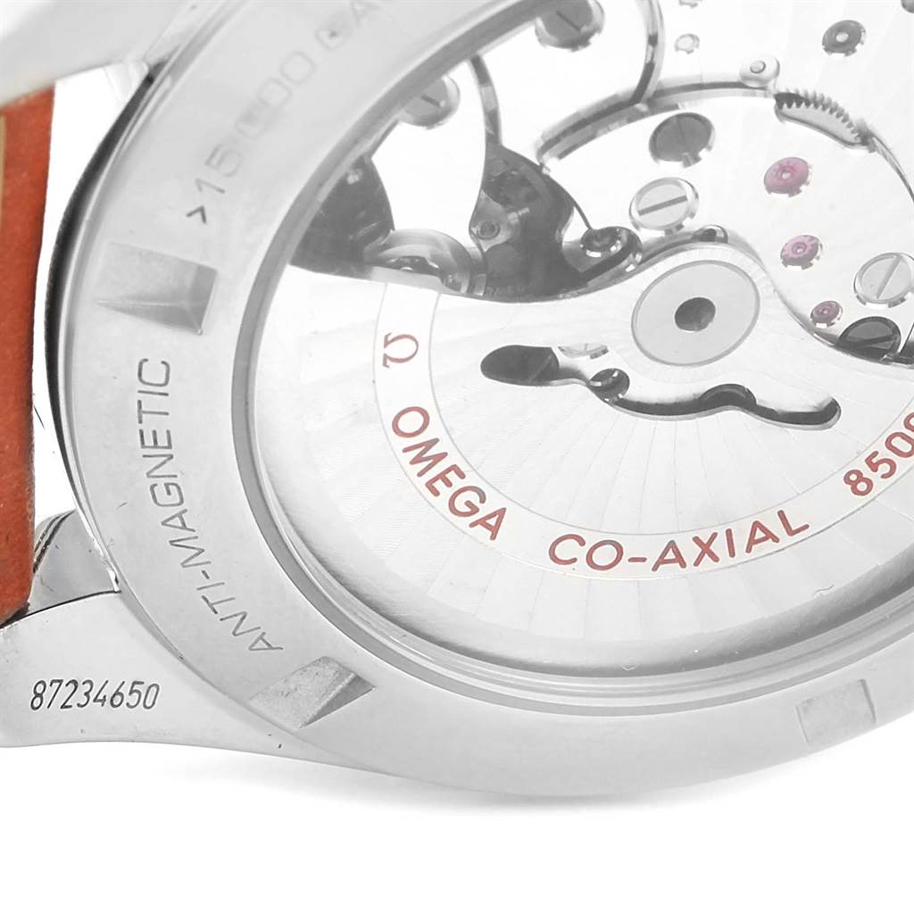 The image shows the back of an Omega Aqua Terra 231.12.42.21.01.002 Men's Stainless Steel Black Dial 231.12.42.21.01.002 Men's Stainless Steel Black Dial watch, revealing its anti-magnetic feature and co-axial movement labeled "Omega Co-Axial 8500."