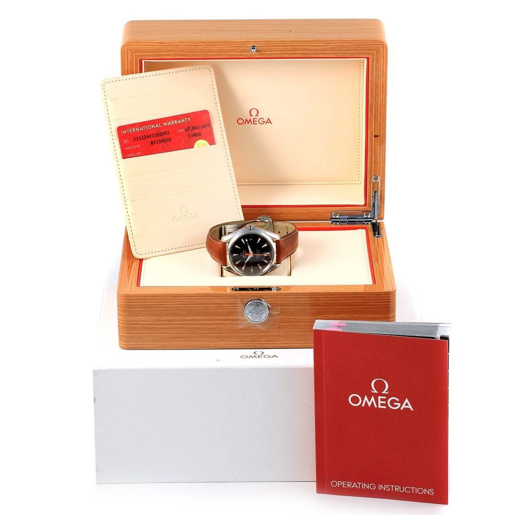The image shows the Omega Aqua Terra 231.12.42.21.01.002 Men's Stainless Steel Black Dial 231.12.42.21.01.002 Men's Stainless Steel Black Dial watch from a frontal angle, inside its wooden box with warranty card and operating instructions.