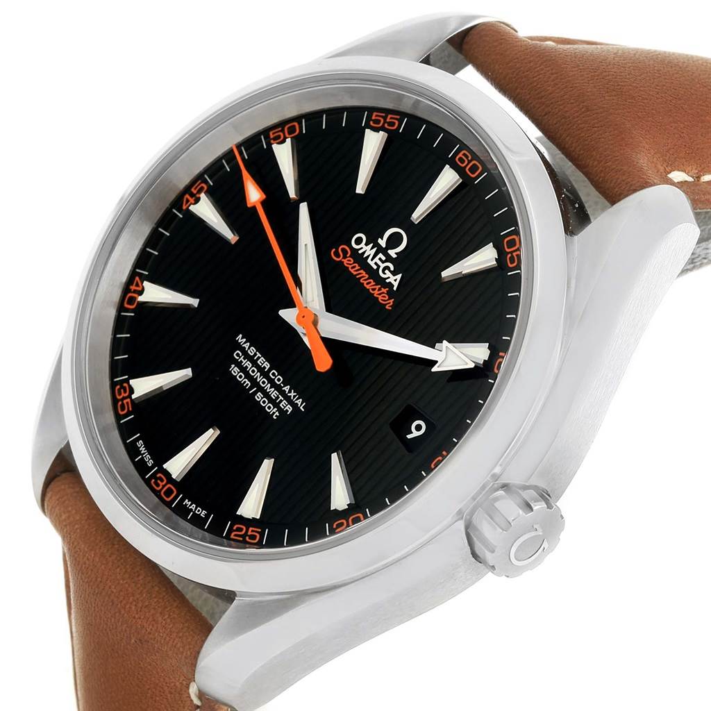 This Omega Aqua Terra 231.12.42.21.01.002 Men's Stainless Steel Black Dial 231.12.42.21.01.002 Men's Stainless Steel Black Dial watch is shown at an angle highlighting its face and brown leather strap with its dial and crown visible.