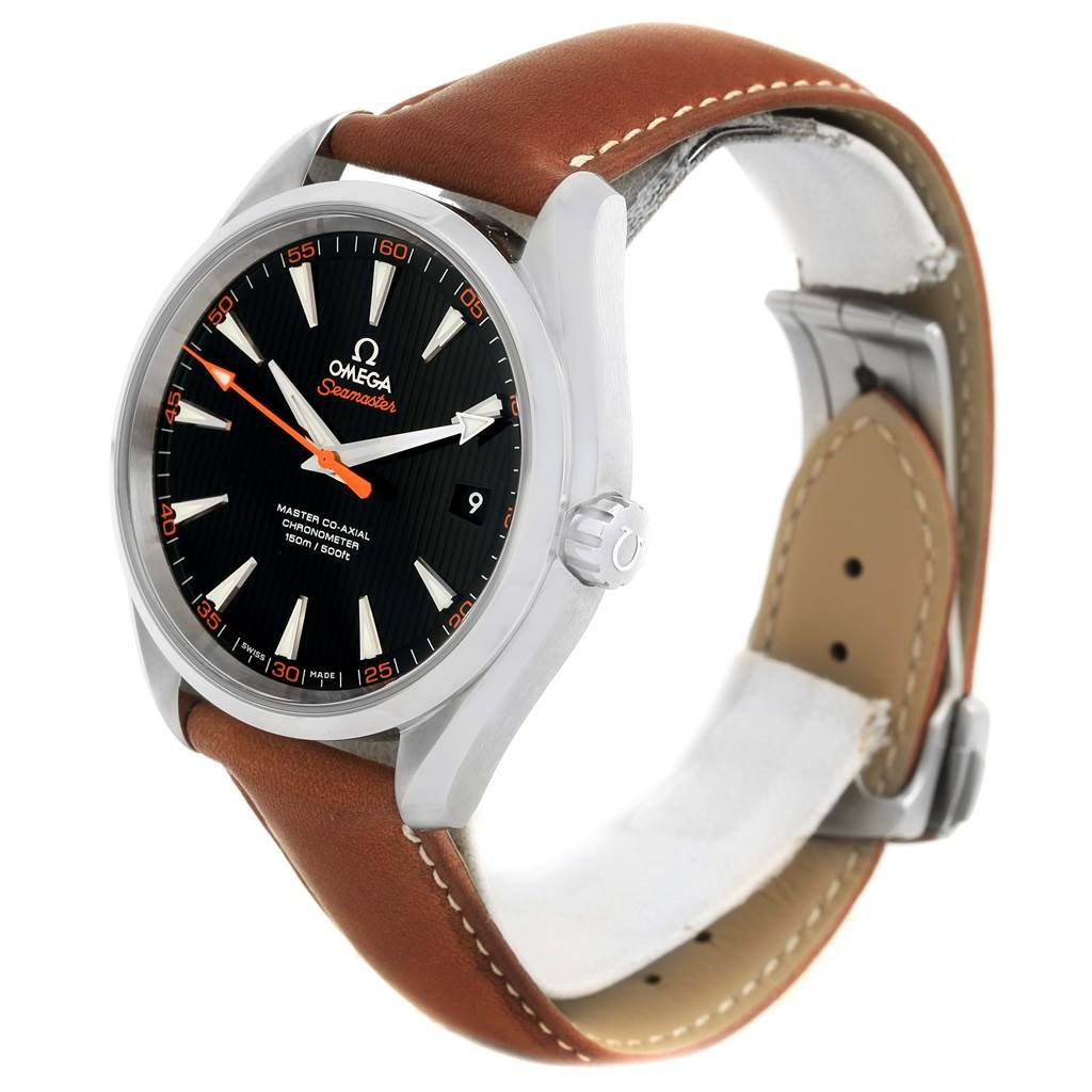 This image shows an angled side view of the Omega Aqua Terra 231.12.42.21.01.002 Men's Stainless Steel Black Dial 231.12.42.21.01.002 Men's Stainless Steel Black Dial watch, highlighting its face, crown, and brown leather strap.