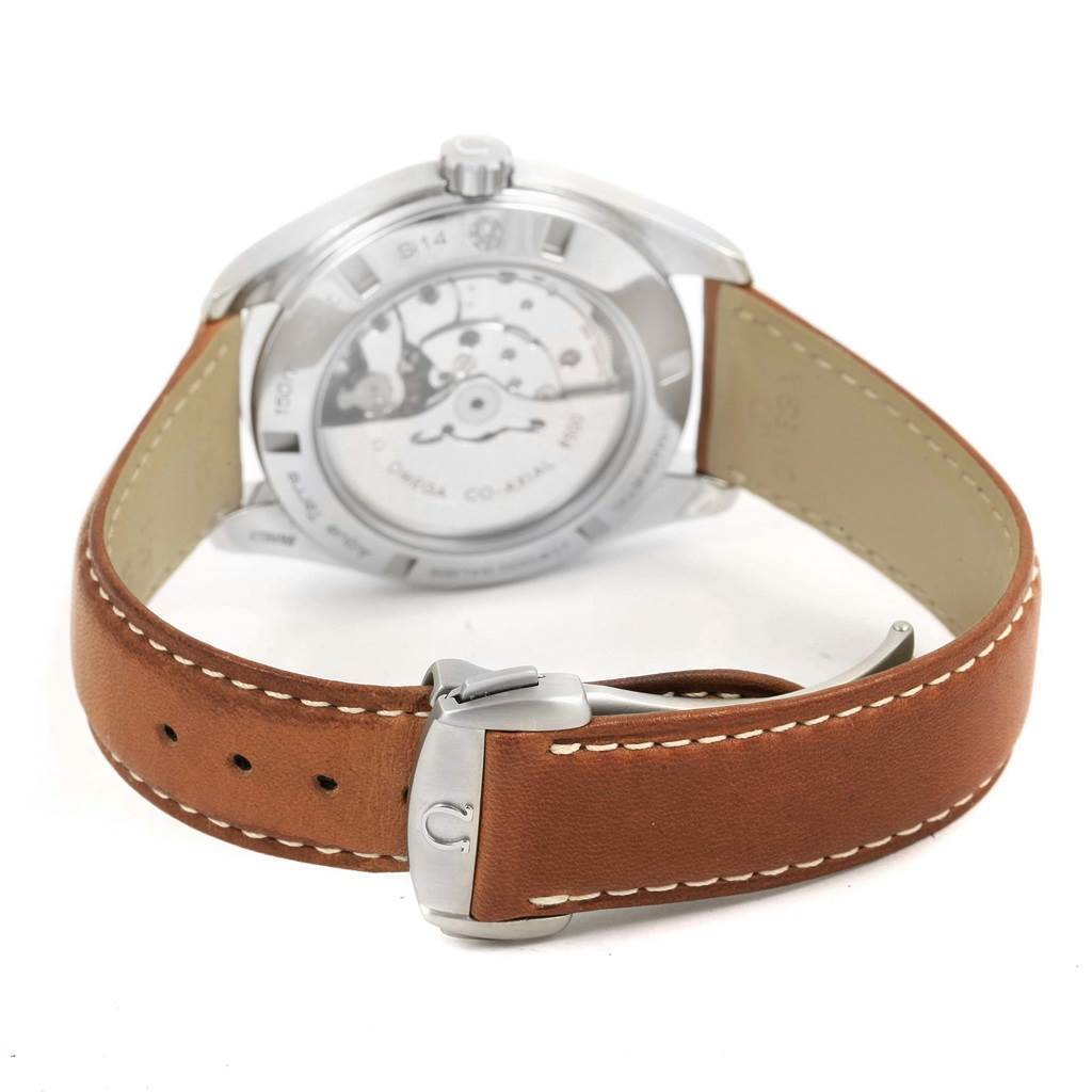 This image shows the back of the Omega Aqua Terra 231.12.42.21.01.002 Men's Stainless Steel Black Dial 231.12.42.21.01.002 Men's Stainless Steel Black Dial watch and its brown leather strap with clasp.