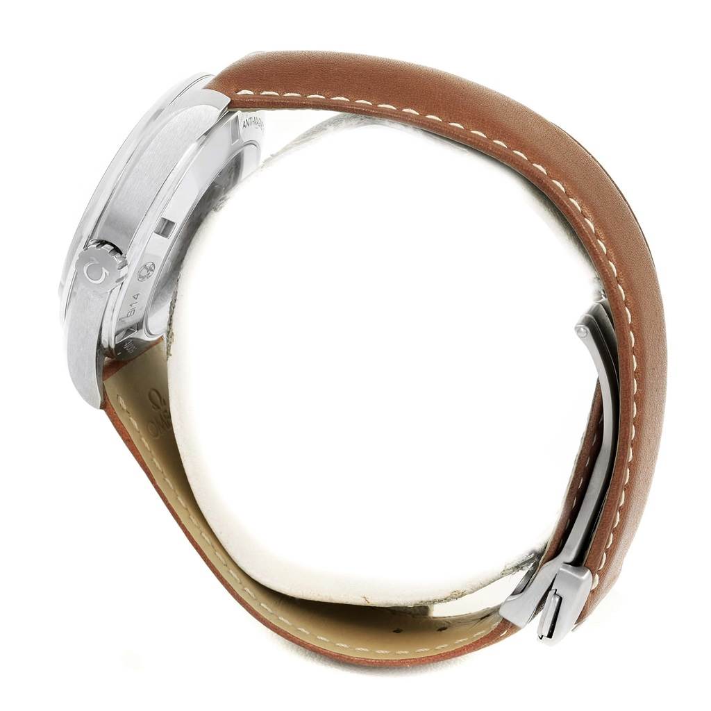 The image shows a side view of the Omega Aqua Terra 231.12.42.21.01.002 Men's Stainless Steel Black Dial 231.12.42.21.01.002 Men's Stainless Steel Black Dial watch with a brown leather strap and visible crown.