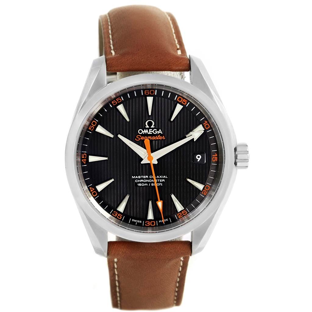 This image shows a front view of the Omega Aqua Terra 231.12.42.21.01.002 Men's Stainless Steel Black Dial 231.12.42.21.01.002 Men's Stainless Steel Black Dial watch, displaying the dial, hands, indices, and brown leather strap.