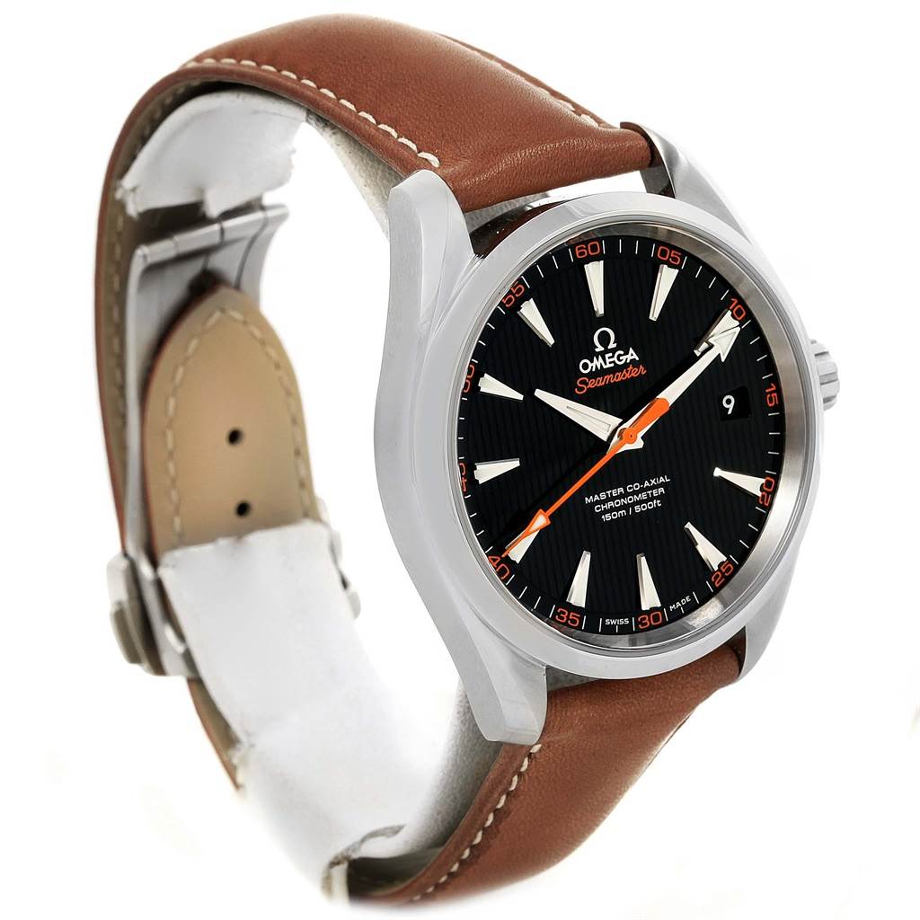 The Omega Aqua Terra 231.12.42.21.01.002 Men's Stainless Steel Black Dial 231.12.42.21.01.002 Men's Stainless Steel Black Dial watch is shown at an angle displaying the face, case, and brown leather strap.