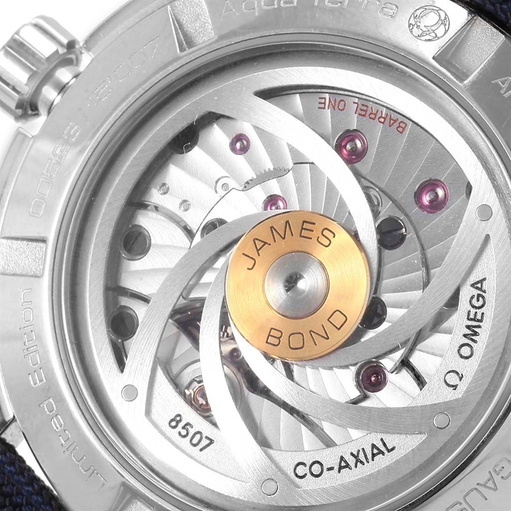 The image shows the back of an Omega Aqua Terra 231.10.42.21.03.004 Men's Stainless Steel Blue Dial 231.10.42.21.03.004 Men's Stainless Steel Blue Dial watch, featuring the movement mechanism with "James Bond" engraving.