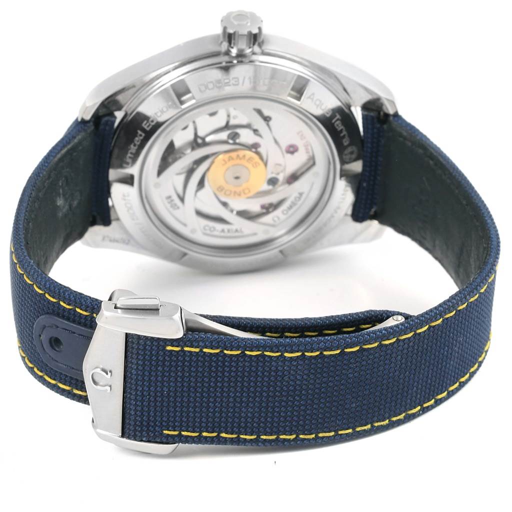 The image shows the back of the Omega Aqua Terra 231.10.42.21.03.004 Men's Stainless Steel Blue Dial 231.10.42.21.03.004 Men's Stainless Steel Blue Dial watch, highlighting the movement and strap.