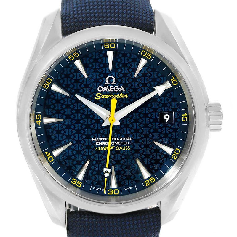 This is a front view of the Omega Seamaster Aqua Terra watch, displaying the face, hands, bezel, and part of the strap.