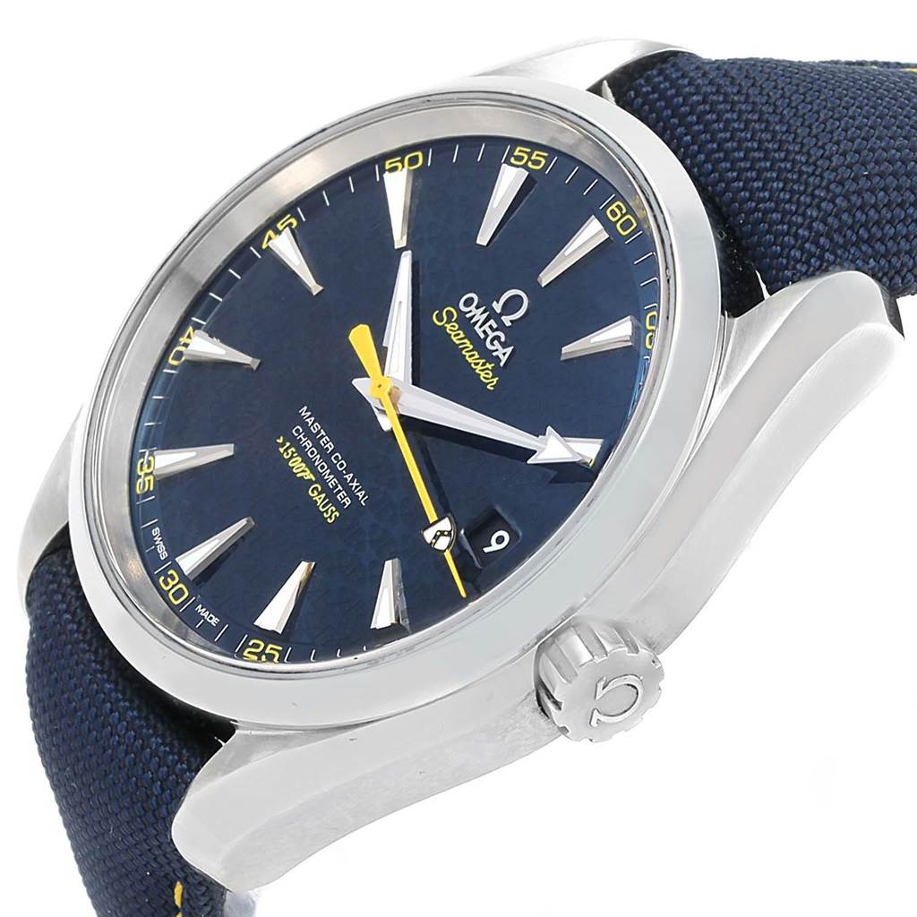 The Omega Aqua Terra 231.10.42.21.03.004 Men's Stainless Steel Blue Dial 231.10.42.21.03.004 Men's Stainless Steel Blue Dial watch is shown at a slight angle, highlighting the face, bezel, crown, and part of the strap.
