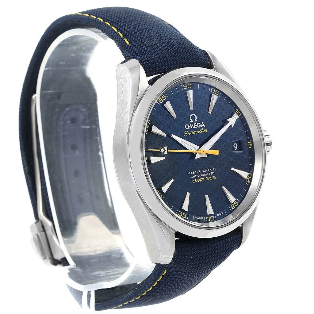 The image shows an angled view of the Omega Aqua Terra 231.10.42.21.03.004 Men's Stainless Steel Blue Dial 231.10.42.21.03.004 Men's Stainless Steel Blue Dial watch, highlighting the face, case, and strap.