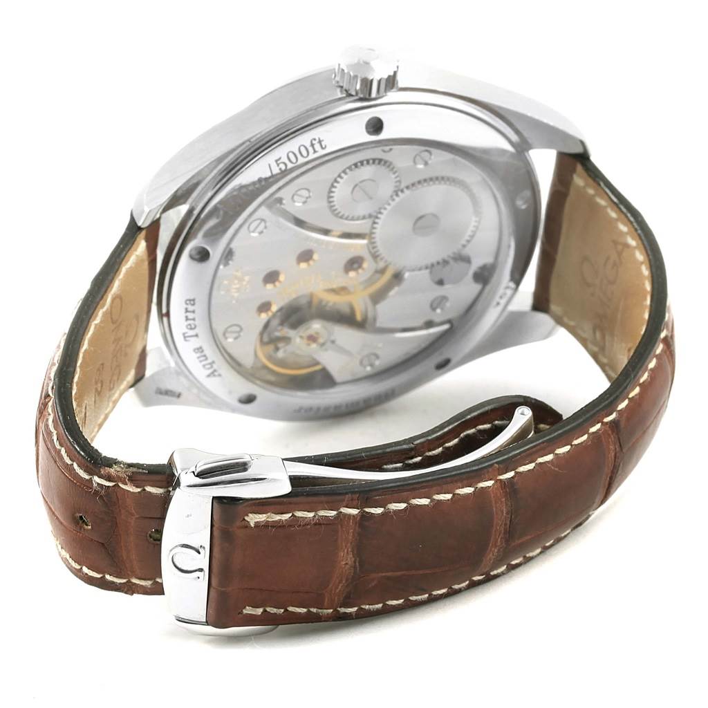 The Omega Aqua Terra 2806.52.37 Men's Stainless Steel Black Dial 2806.52.37 Men's Stainless Steel Black Dial watch is shown from the back, highlighting its transparent case back and brown leather strap.