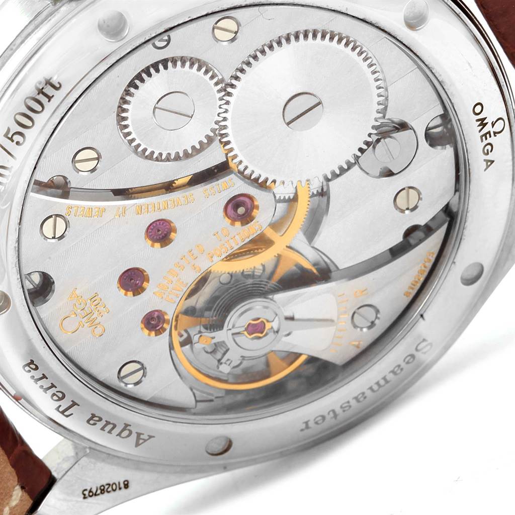 This image shows the intricate movement and inner workings of the Omega Aqua Terra 2806.52.37 Men's Stainless Steel Black Dial 2806.52.37 Men's Stainless Steel Black Dial watch from a rear angle.