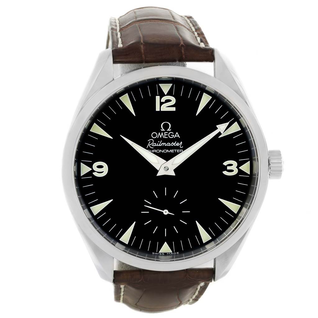 The image shows a front view of the Omega Aqua Terra 2806.52.37 Men's Stainless Steel Black Dial 2806.52.37 Men's Stainless Steel Black Dial Railmaster watch, displaying the dial and leather strap.