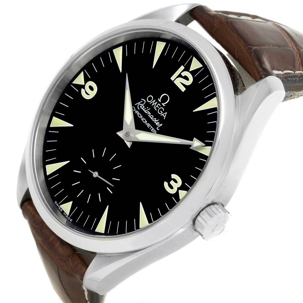 The image shows a close-up angled view of the Omega Aqua Terra 2806.52.37 Men's Stainless Steel Black Dial 2806.52.37 Men's Stainless Steel Black Dial wristwatch highlighting its face, crown, and leather strap.