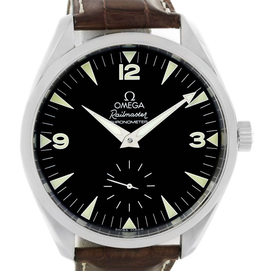 This image shows a front view of the Omega Aqua Terra 2806.52.37 Men's Stainless Steel Black Dial 2806.52.37 Men's Stainless Steel Black Dial Railmaster watch, displaying its brown leather strap, black dial, and luminescent indices.